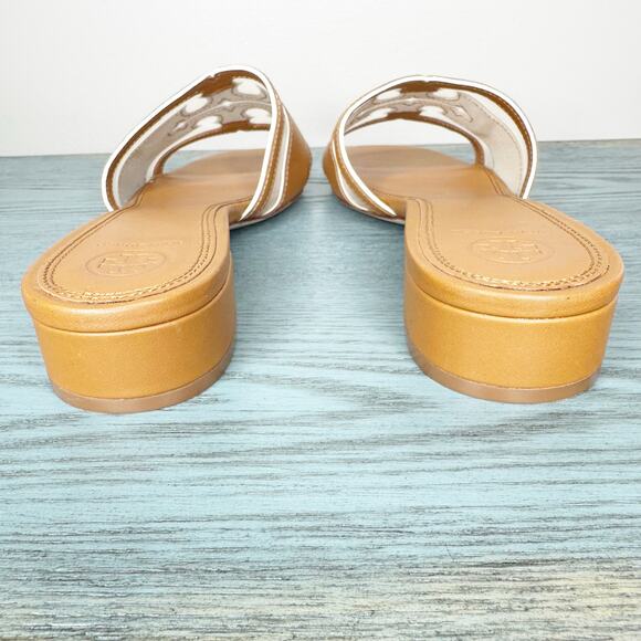 Tory Burch Leather Stitched Logo Slide Heeled Sandal Cognac Brown 9 - Picture 6 of 9